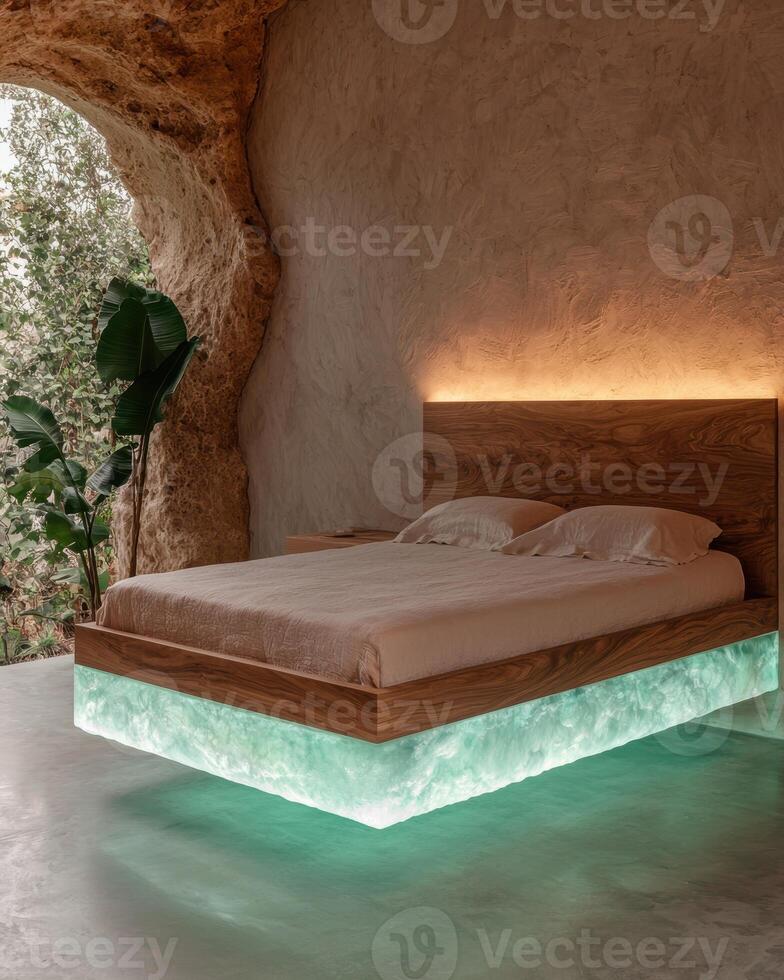 Unique floating bed with backlit onyx base in a cave bedroom photo