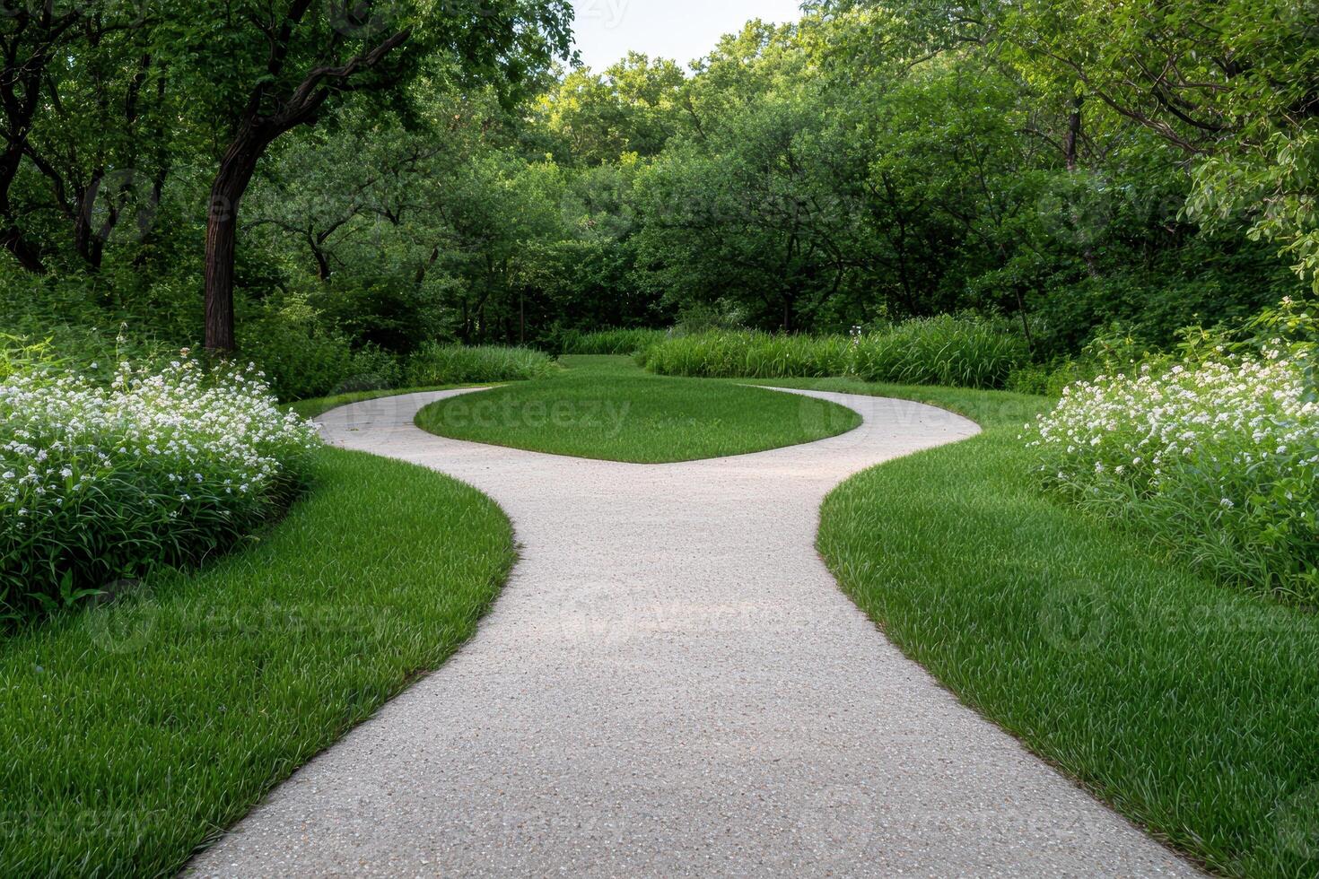 A tranquil garden path splits into two, offering a choice of directions photo