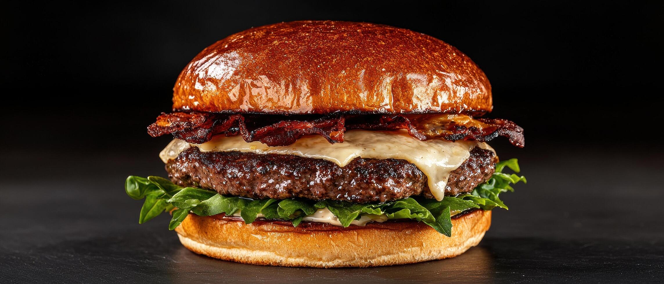 a hamburger with bacon and lettuce on a black background photo