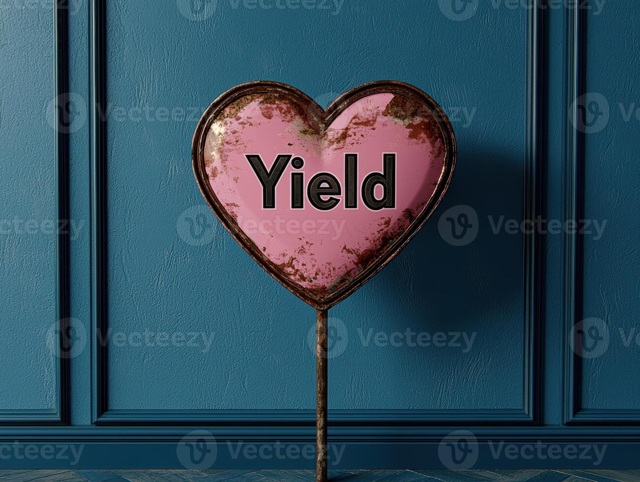 Rustic heart shaped yield sign on a dark blue wall photo
