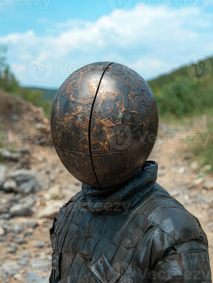 Mysterious metallic figure with a spherical head in a rocky landscape photo