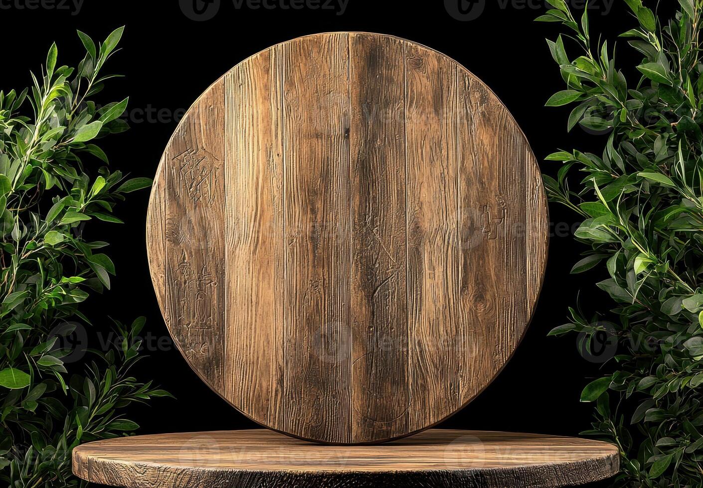 Round wooden board on rustic table with green plants photo