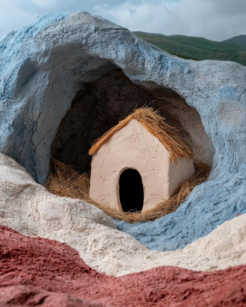 A miniature thatched roof house nestled inside a blue painted cave, stock photo
