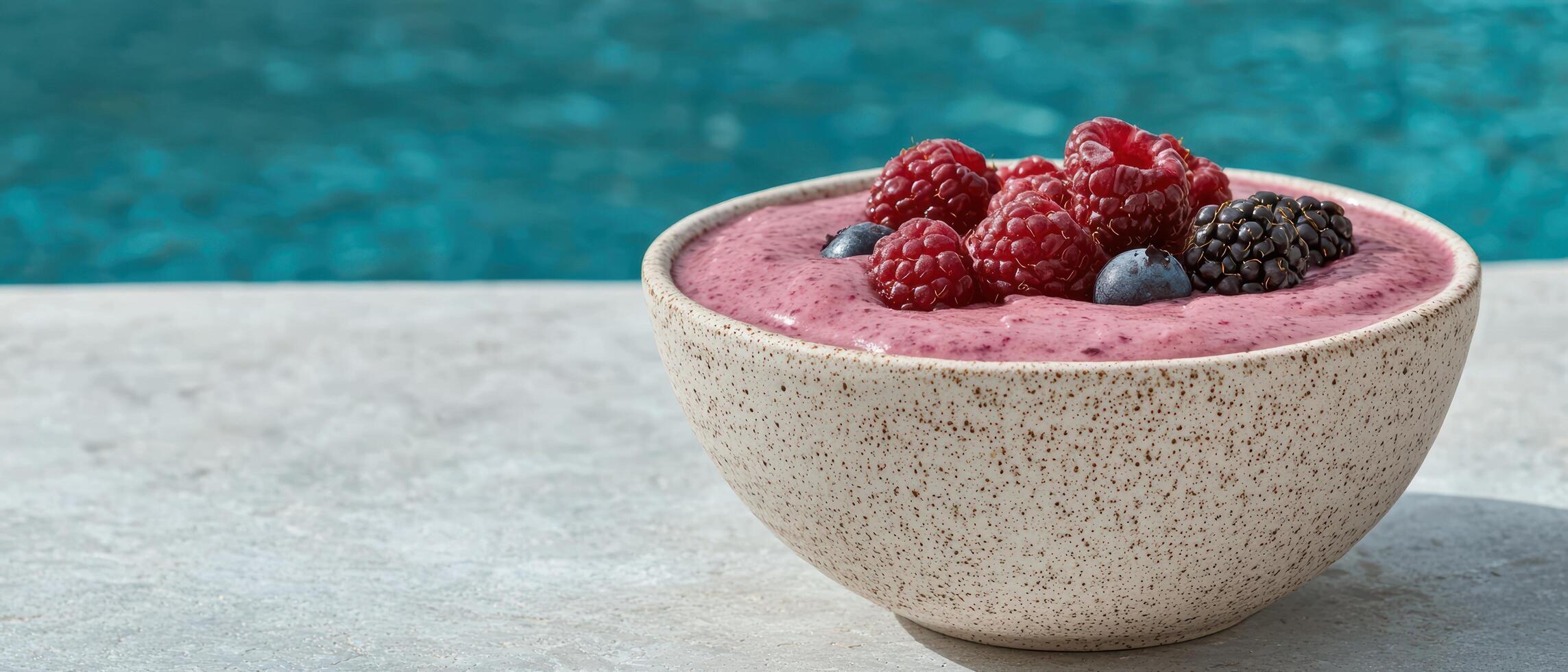 Delicious berry smoothie bowl with fresh raspberries and blueberries by the pool photo
