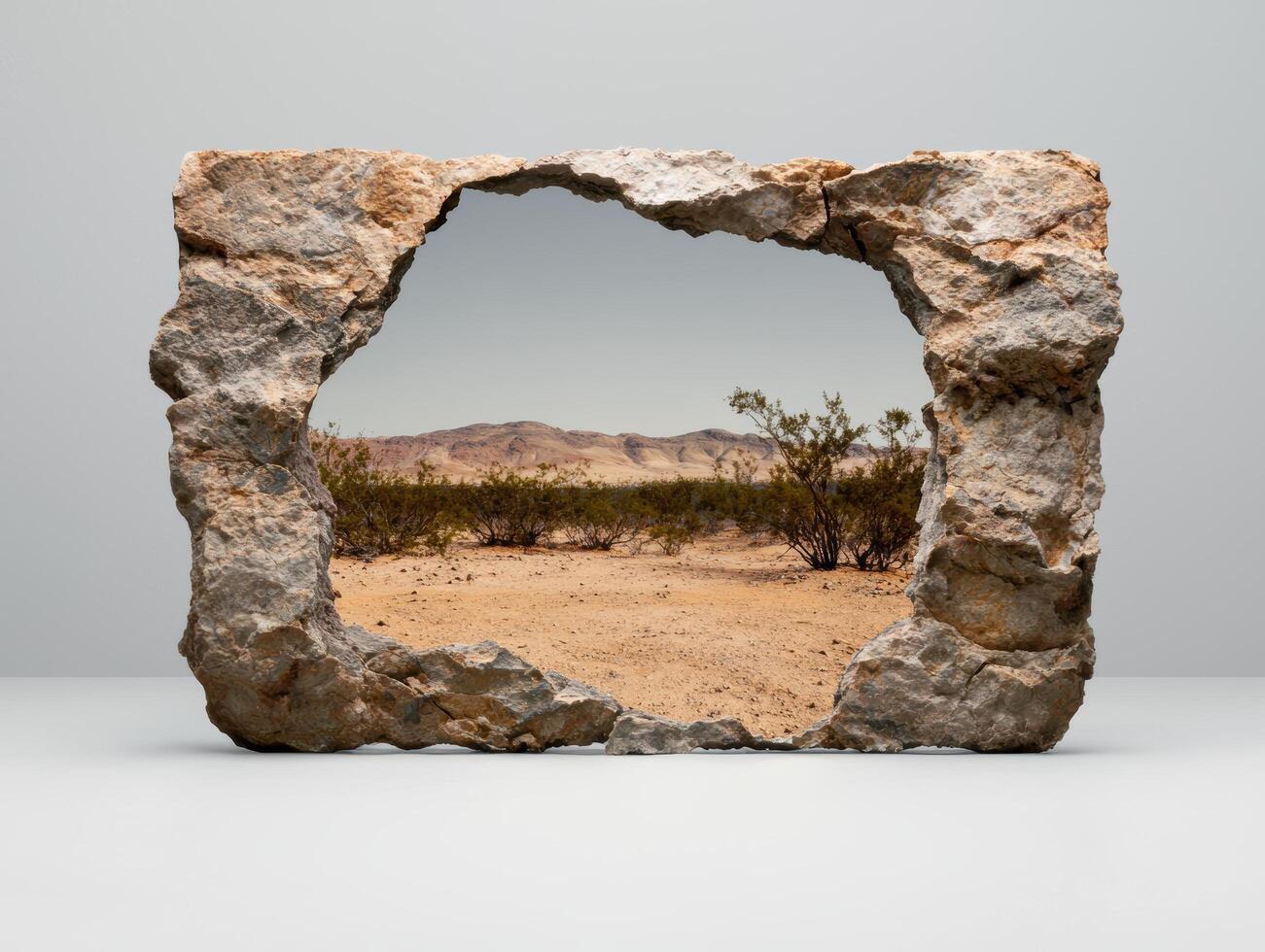 Stone frame with desert landscape view photo