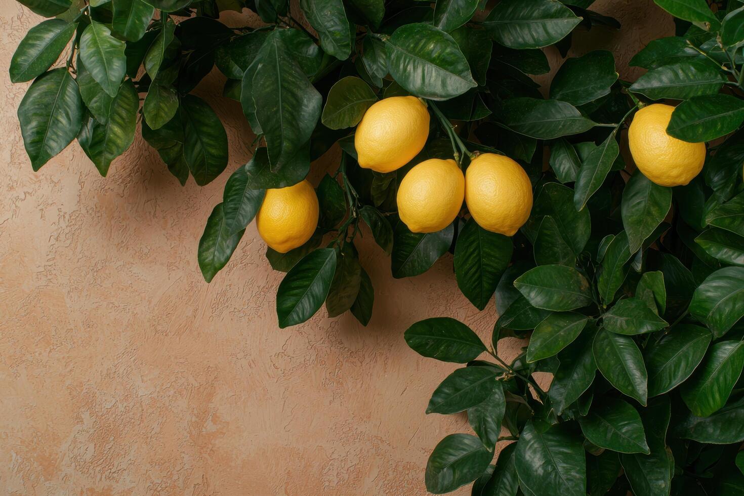 Fresh lemons on a lemon tree branch against a textured background photo