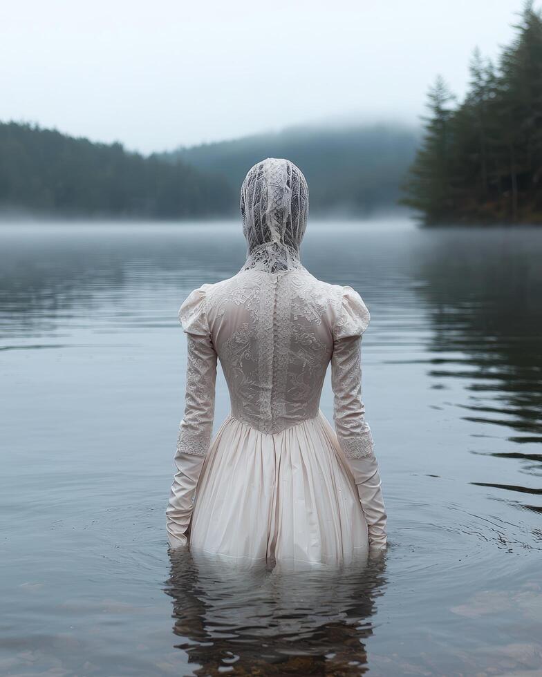 Mysterious Woman in White Dress Standing in Lake photo