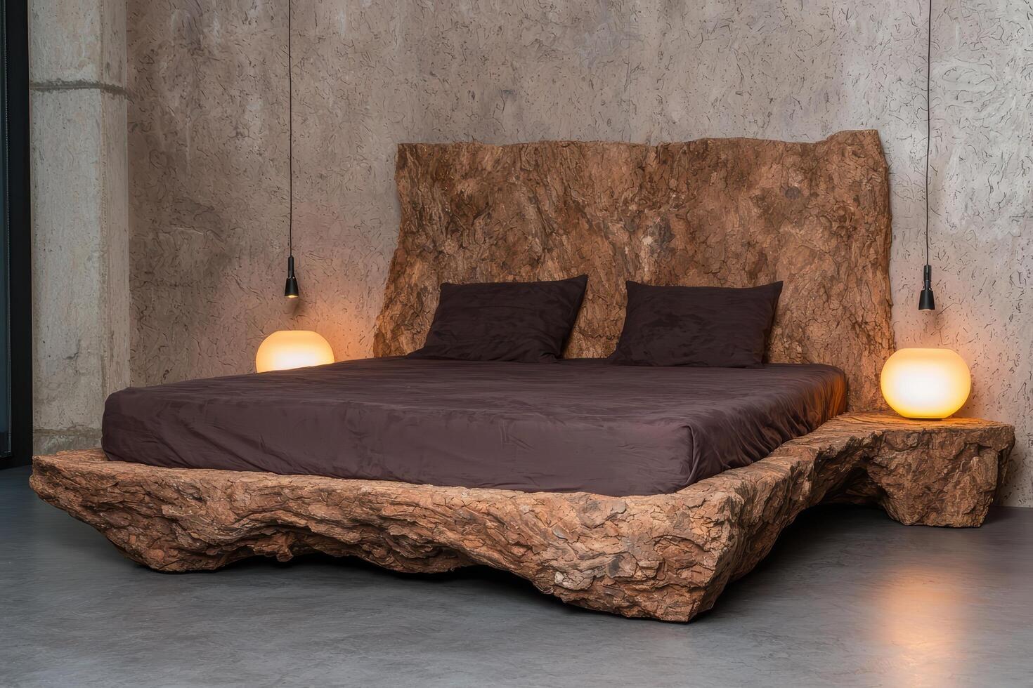 Luxury rustic bedroom with wooden bed and headboard photo