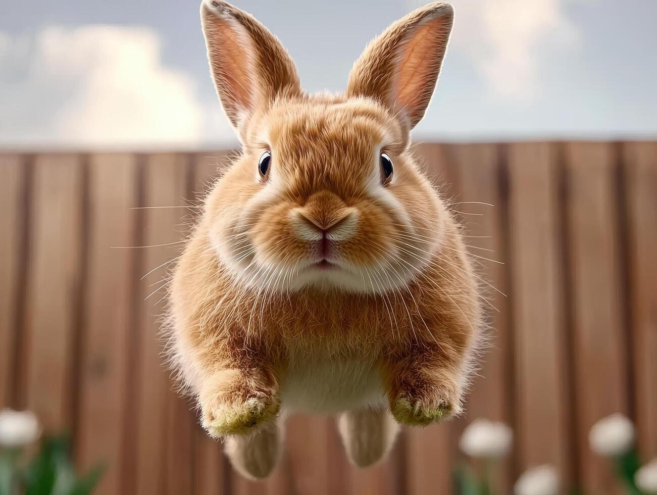 Fluffy brown bunny rabbit floating in mid air photo