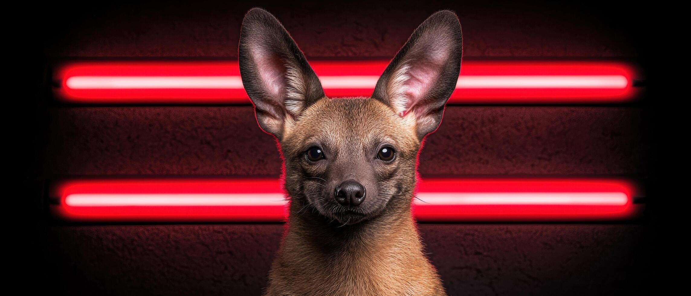 Cute puppy with big ears in front of red neon lights photo