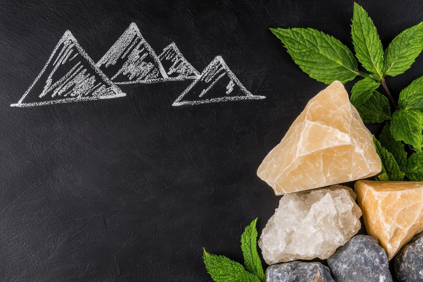 Crystals and mint leaves on a black background with a chalk drawing of pyramids photo