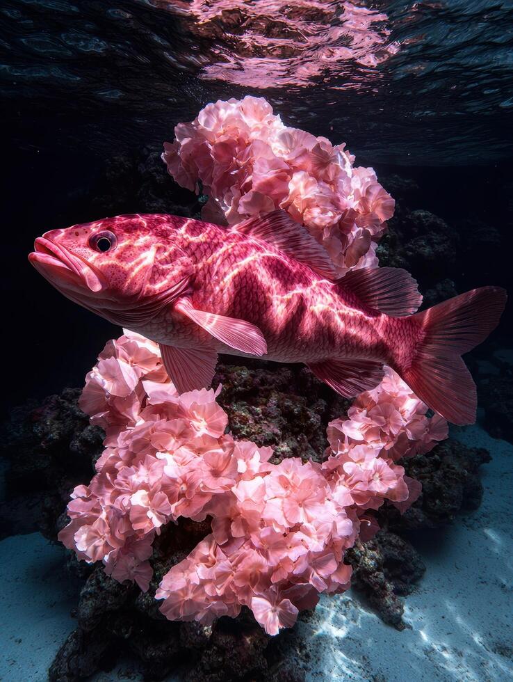 Pink fish underwater with coral reef photo