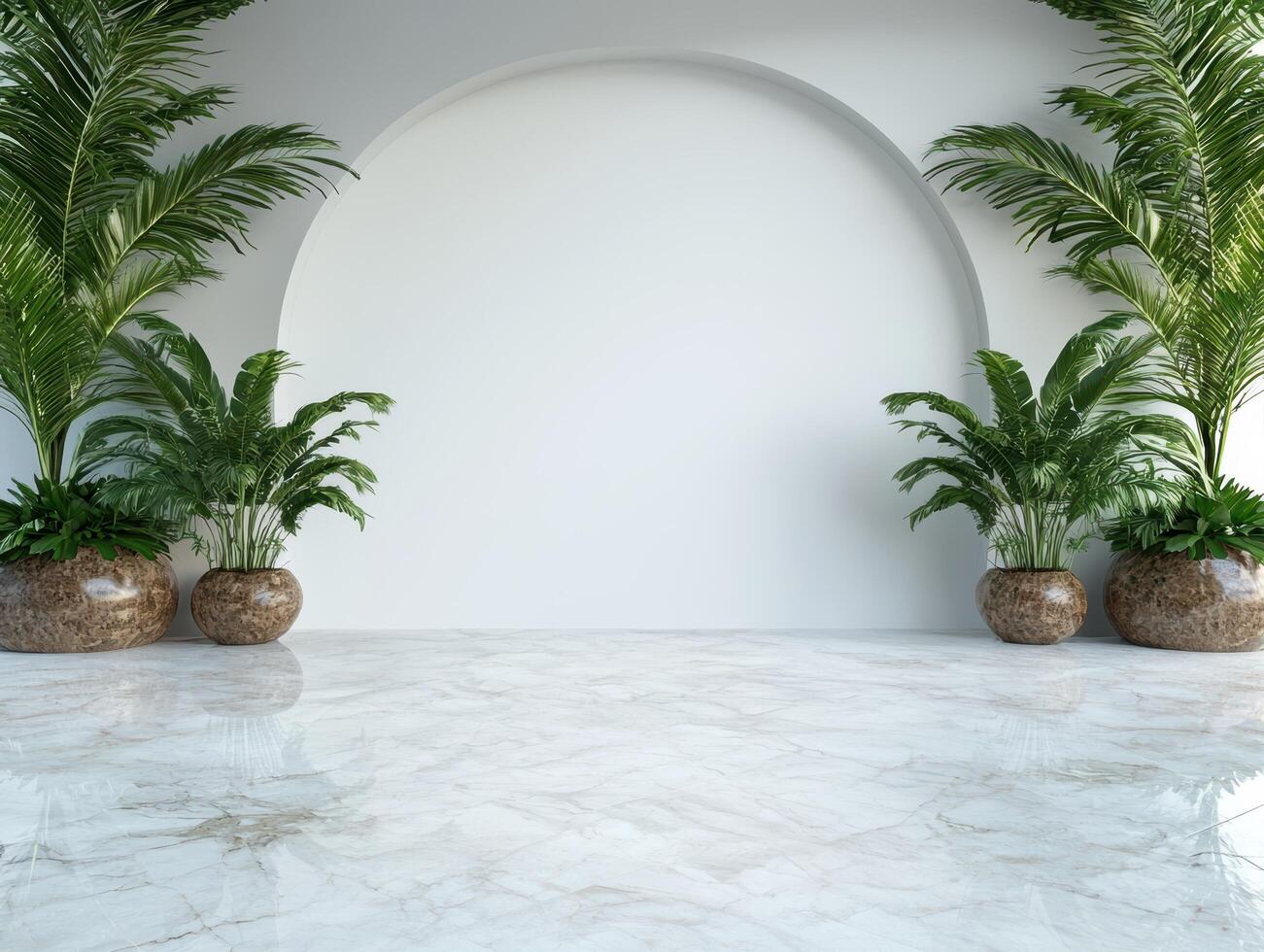 Modern minimalist interior with plants and marble floor photo