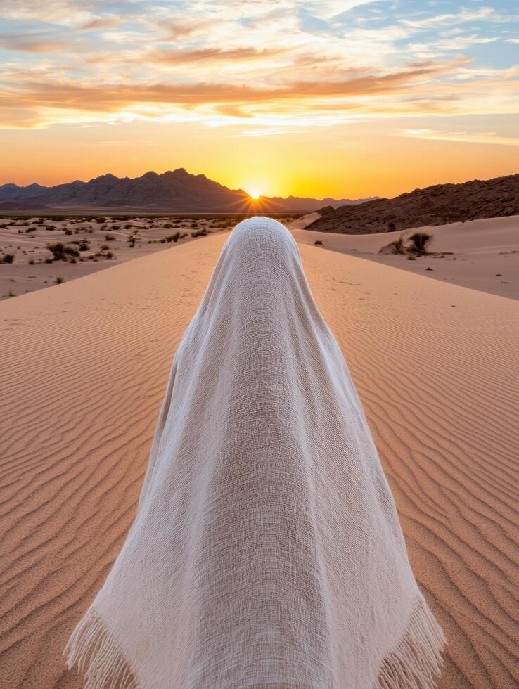 Person in white robe walking towards sunset in desert photo