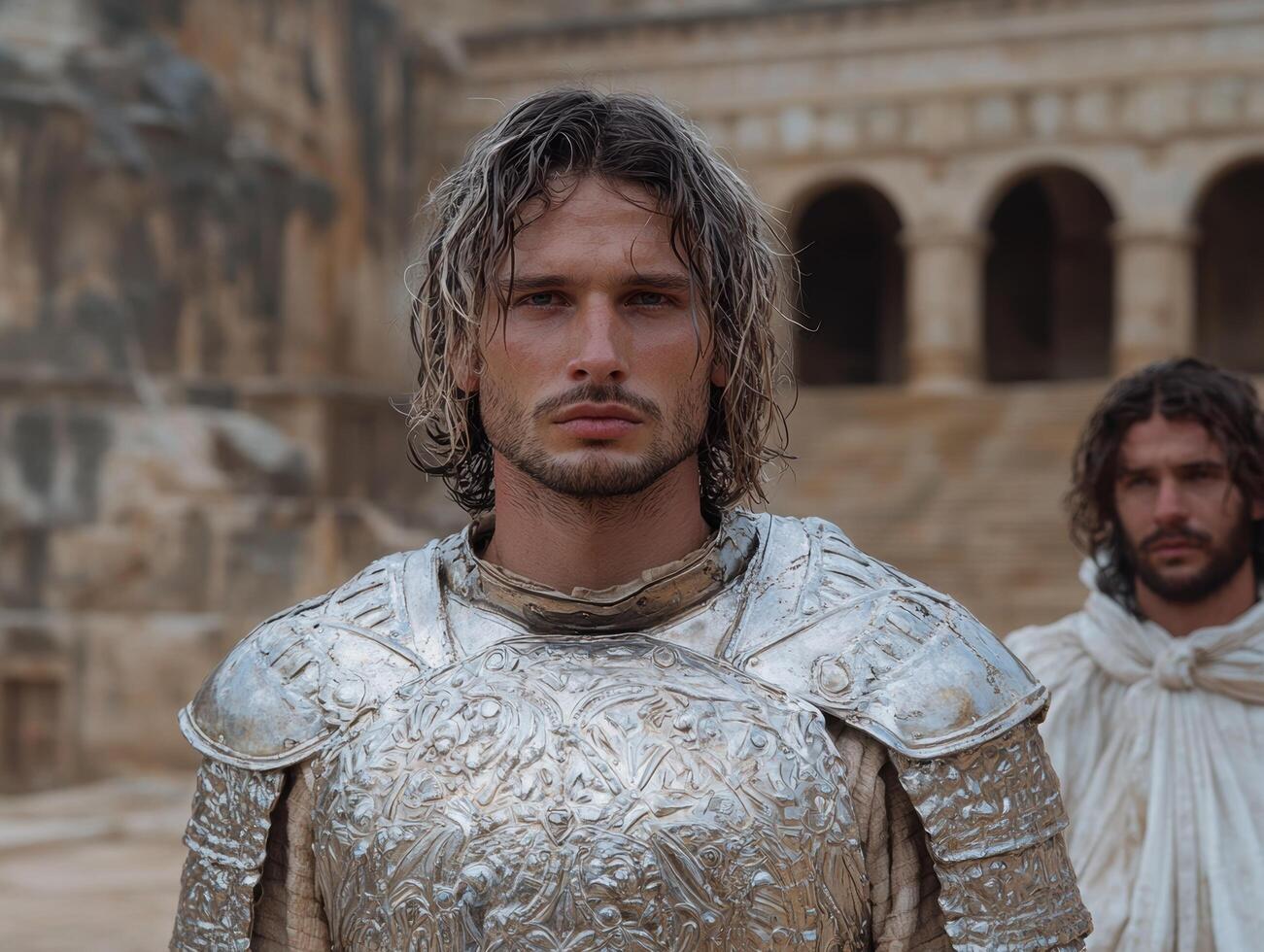 Medieval knight in shining armor stands in front of ancient ruins photo