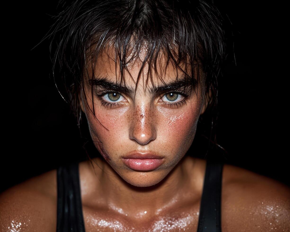Close up portrait of a sweaty woman with freckles and intense eyes after a workout photo
