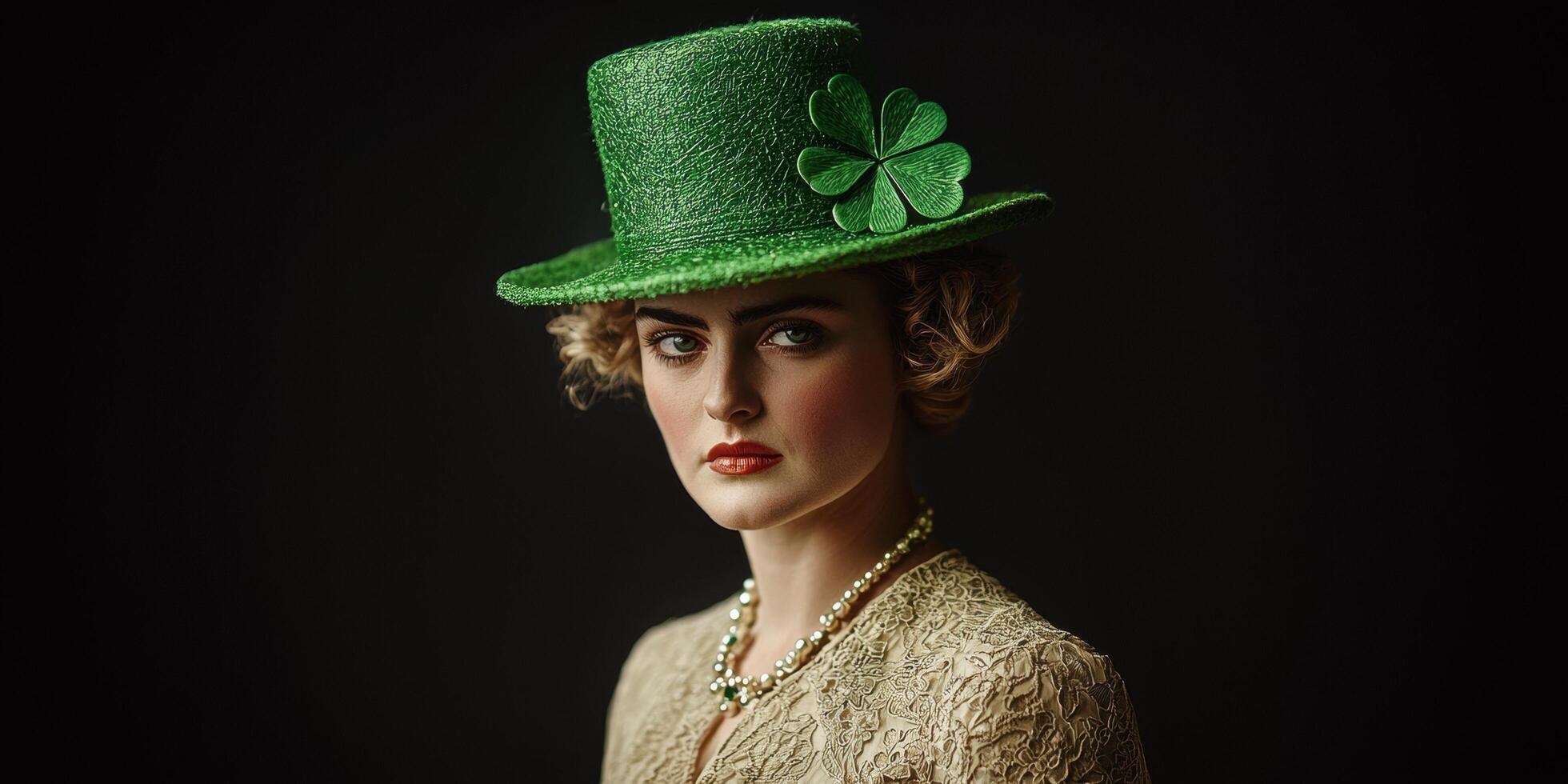 Portrait of a woman in a green hat with a clover photo