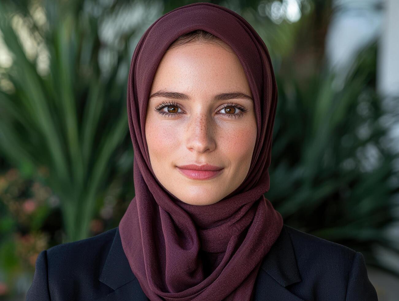 A portrait of a young woman wearing a purple hijab photo