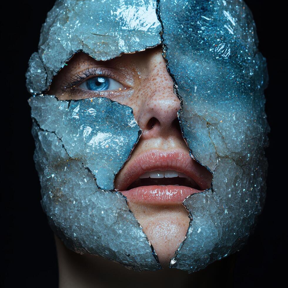 Close up of a womans face with a cracked crystal mask photo