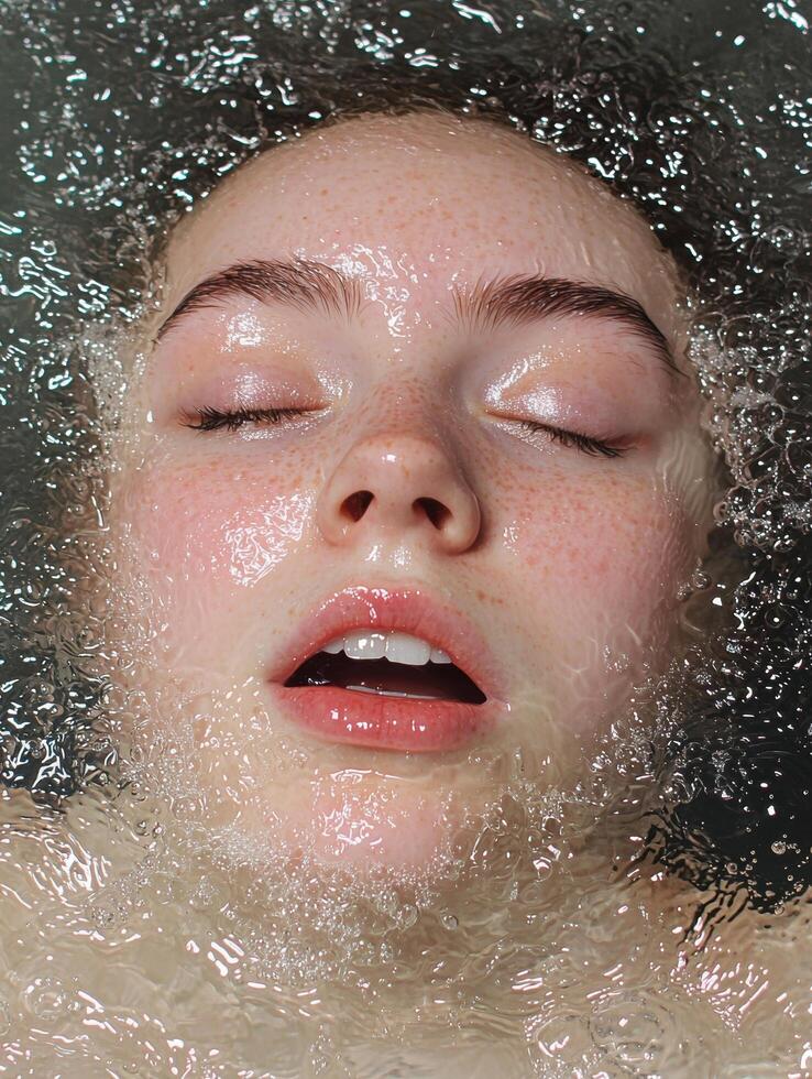 Woman with freckles submerged in water, eyes closed photo