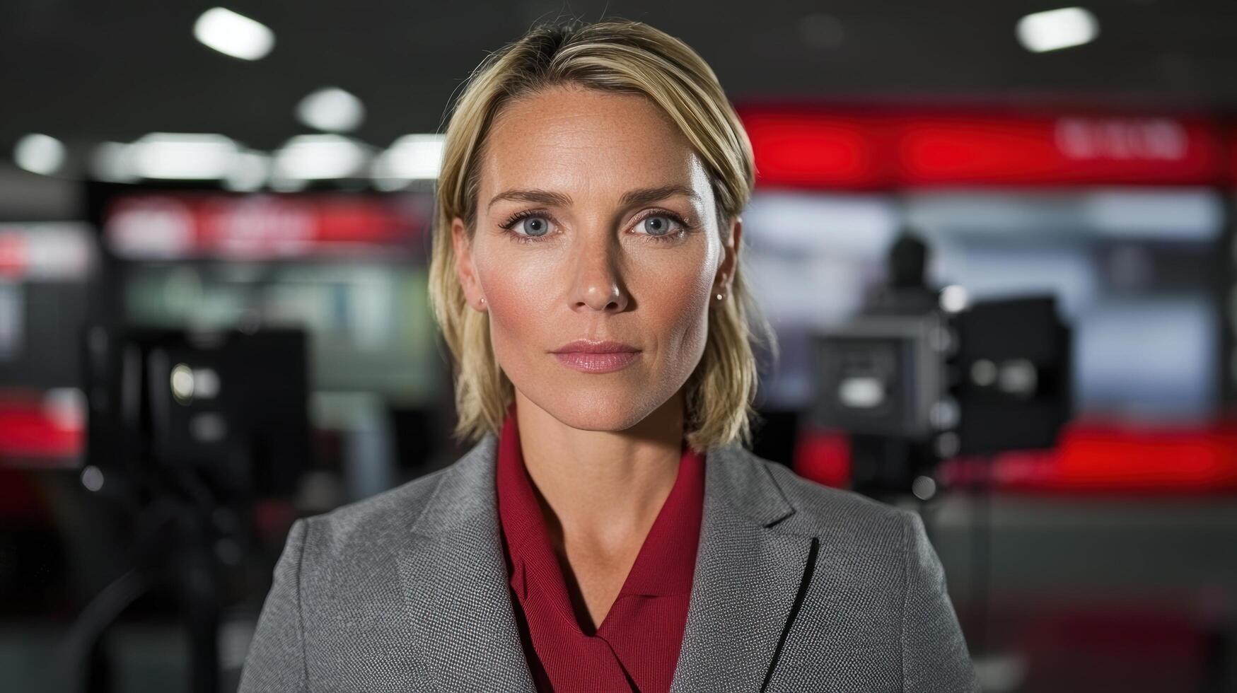 Portrait of a confident female news anchor in a television studio photo