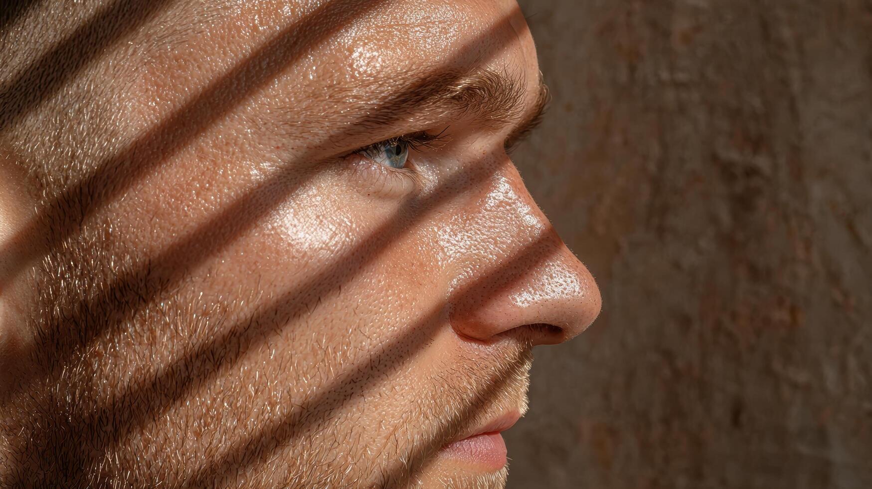 Close up profile of a mans face with sunlight and shadows photo