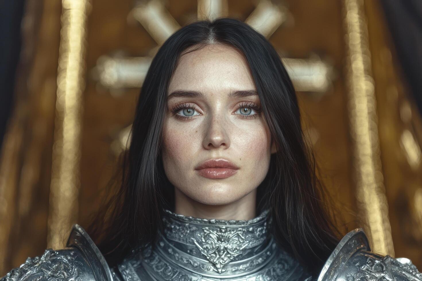 Portrait of a female knight in shining silver armor photo