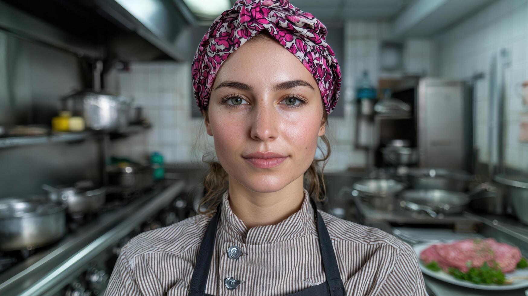 Portrait of a young female chef in a restaurant kitchen photo
