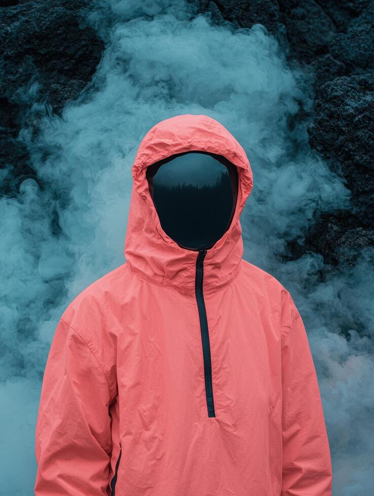 Person in pink hooded jacket in smoky environment photo