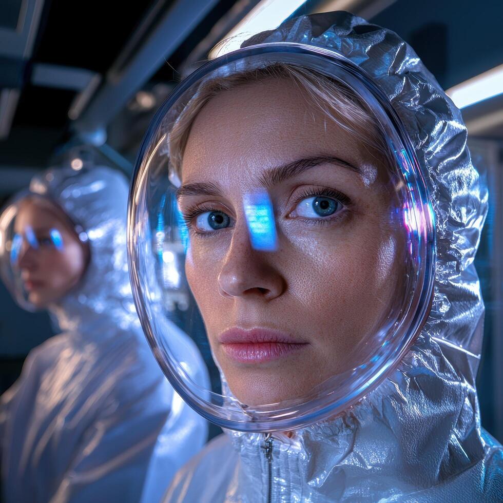 Female scientist in futuristic protective suit and helmet photo