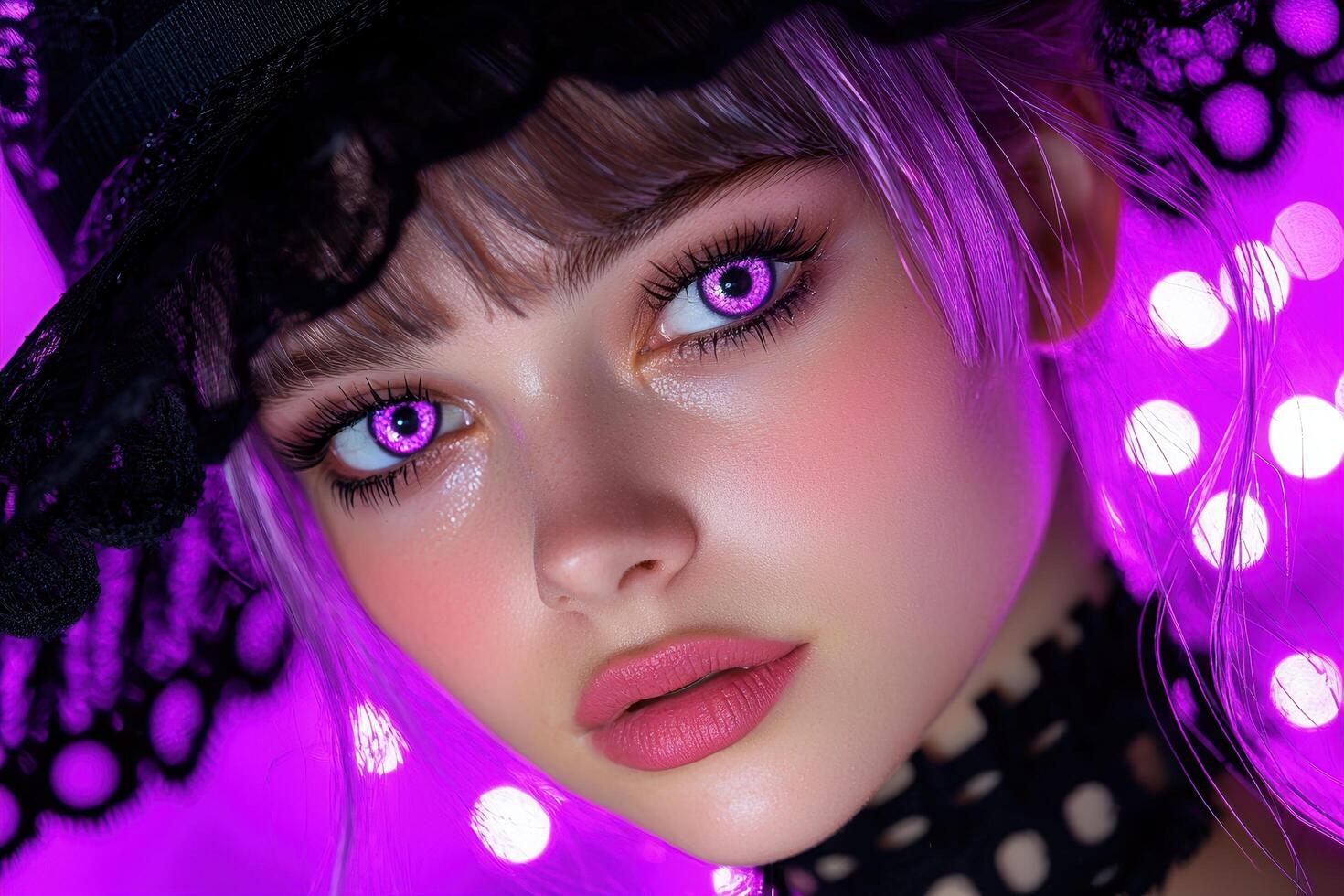Close up portrait of a young woman with purple hair and vibrant purple contact lenses photo