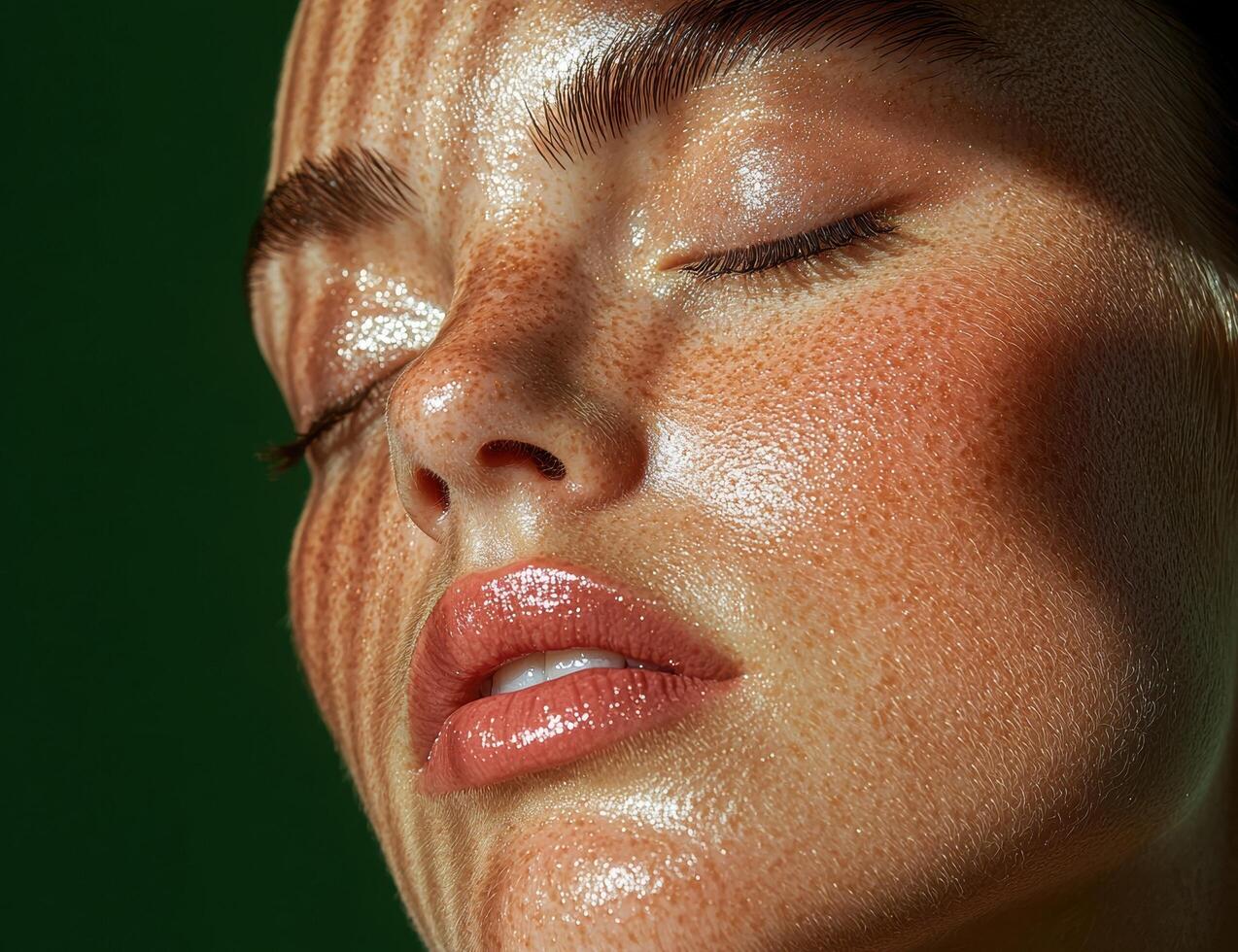 Close up of a womans face with freckles and glowing skin in the sunlight photo