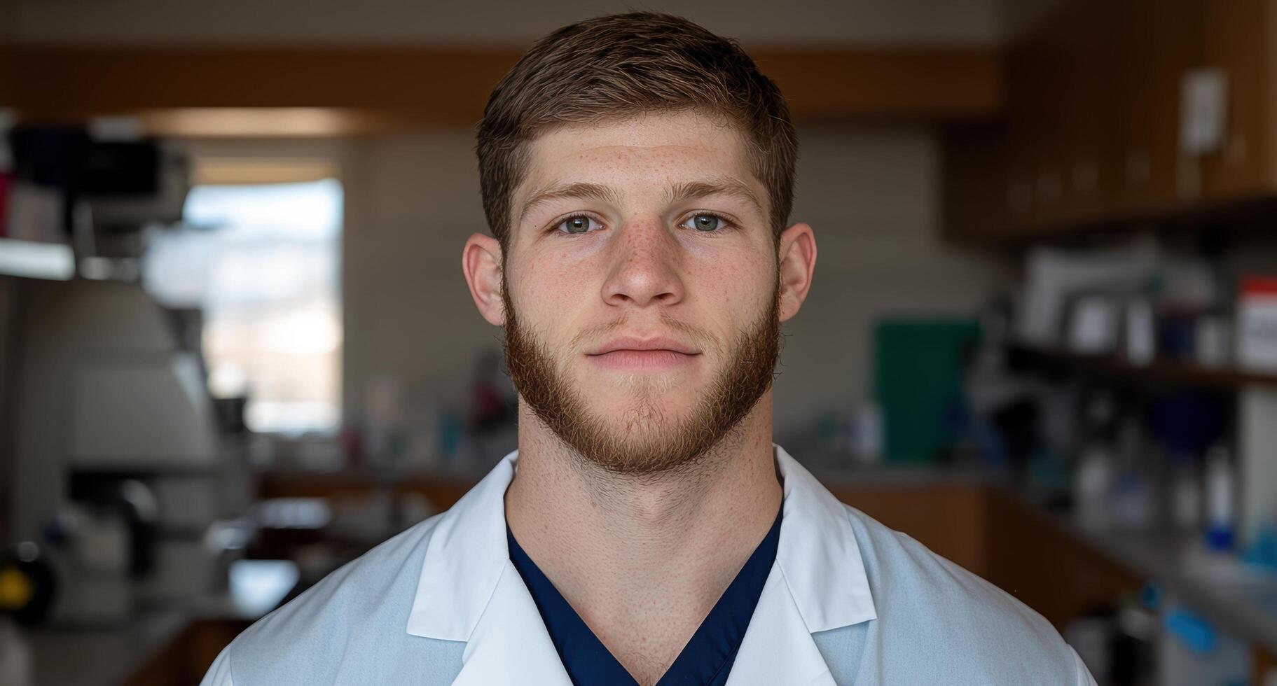 Portrait of a young male doctor in a lab coat photo