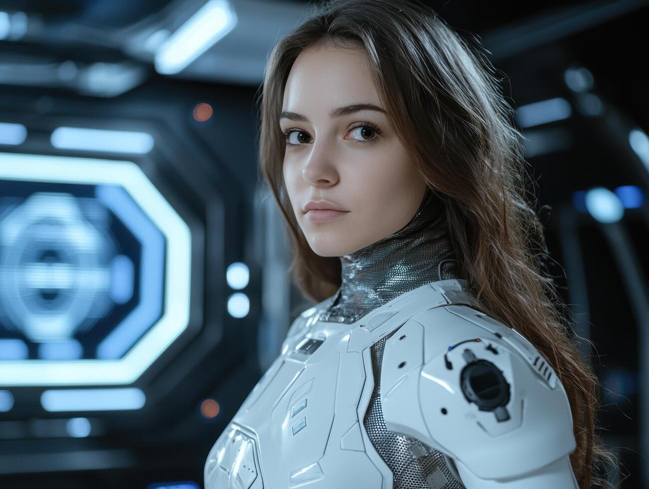 Female cyborg in futuristic setting photo