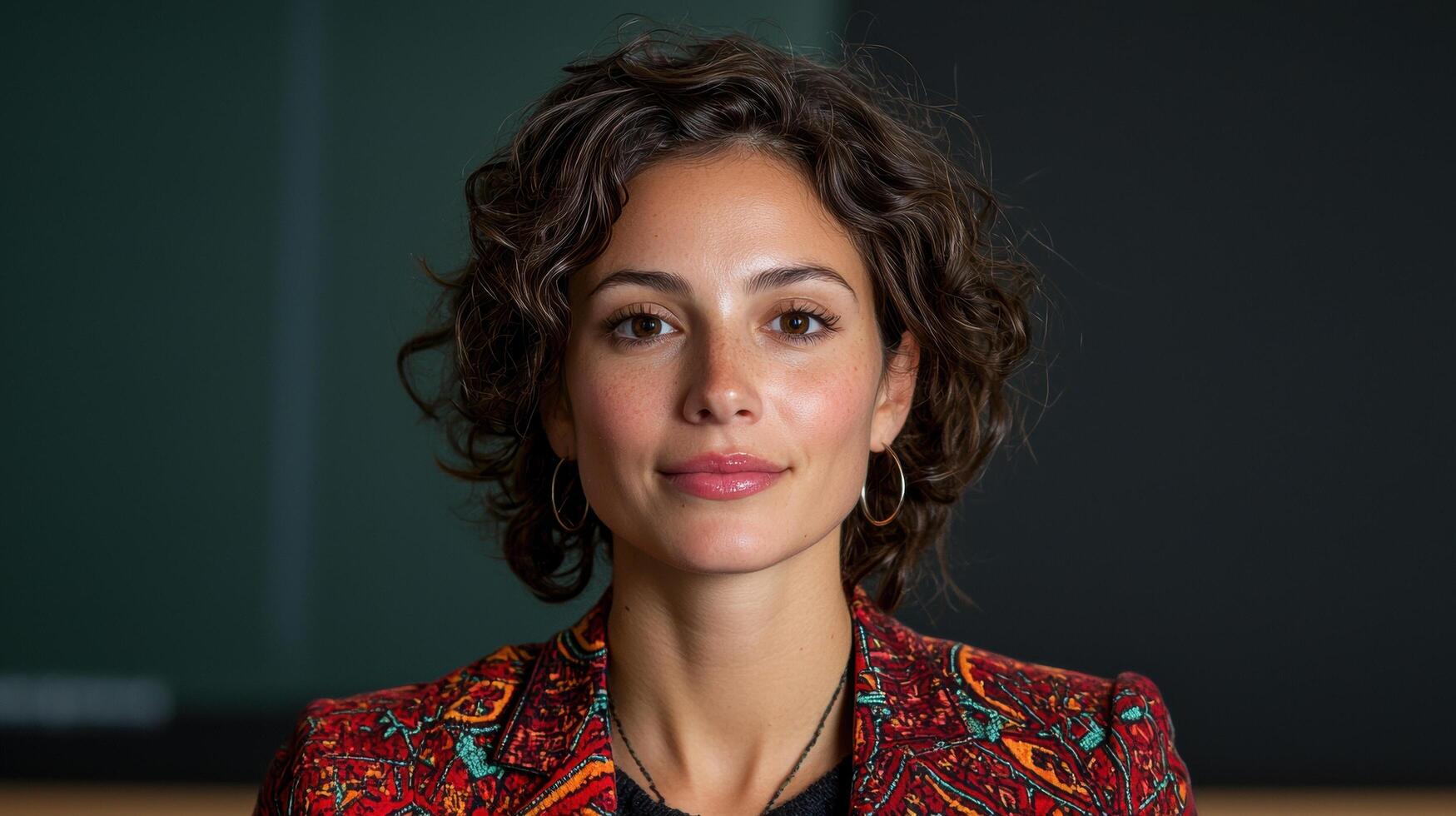 Portrait of a young woman with curly hair and a red patterned jacket photo