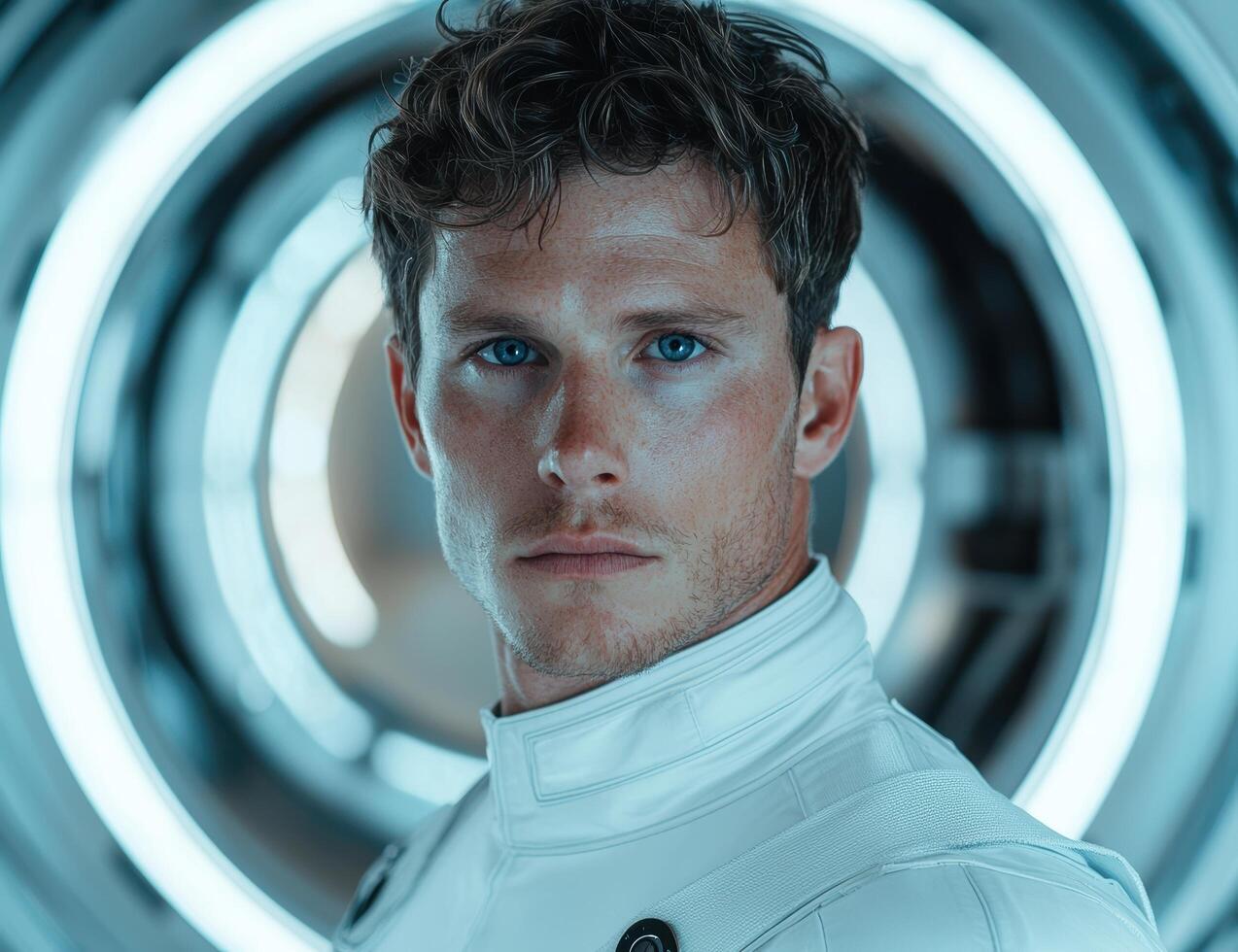 Portrait of a futuristic astronaut in a white spacesuit photo