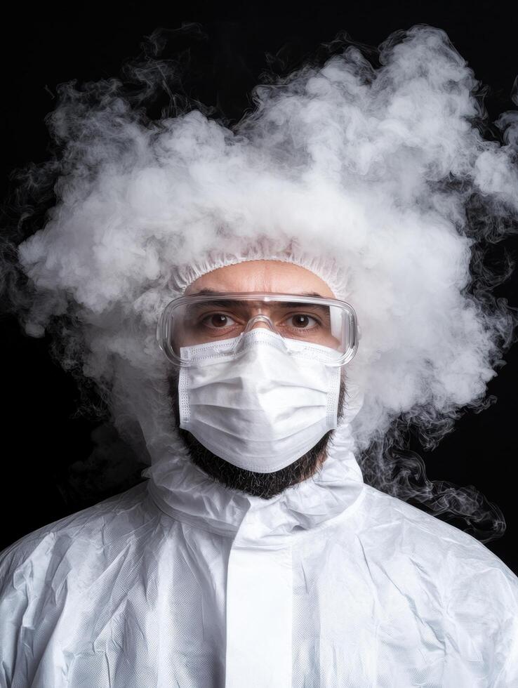 Scientist in protective suit surrounded by smoke during experiment photo