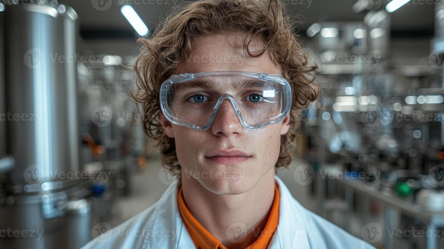 Young scientist in a lab coat and safety glasses looking at the camera photo