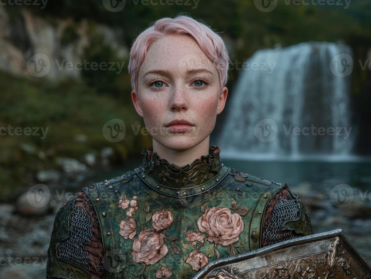 Female warrior in ornate armor stands before a waterfall photo