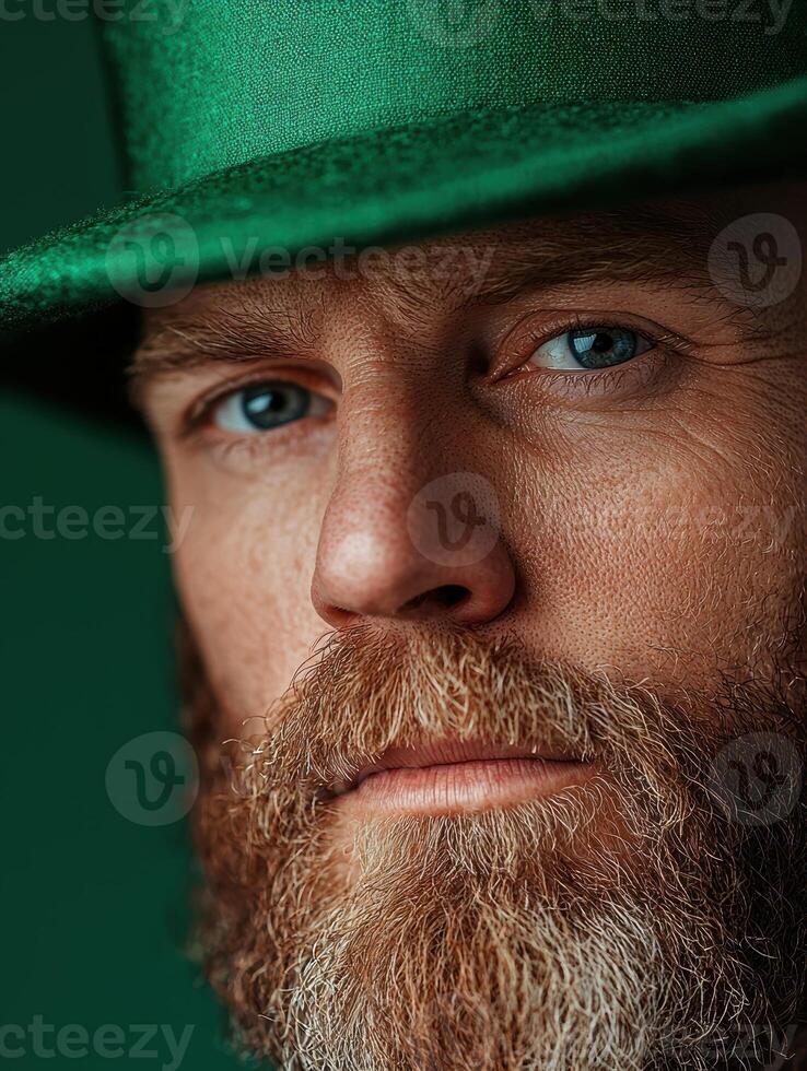 Close up portrait of a man with a beard wearing a green hat photo