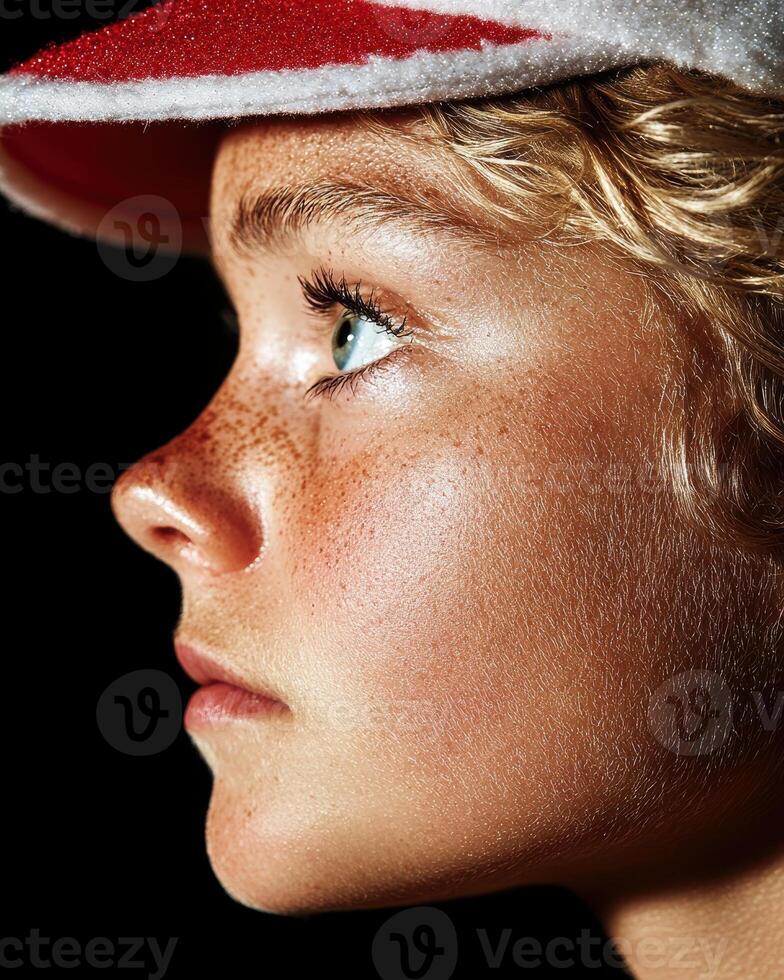 Close up portrait of a freckled child wearing a Santa hat photo