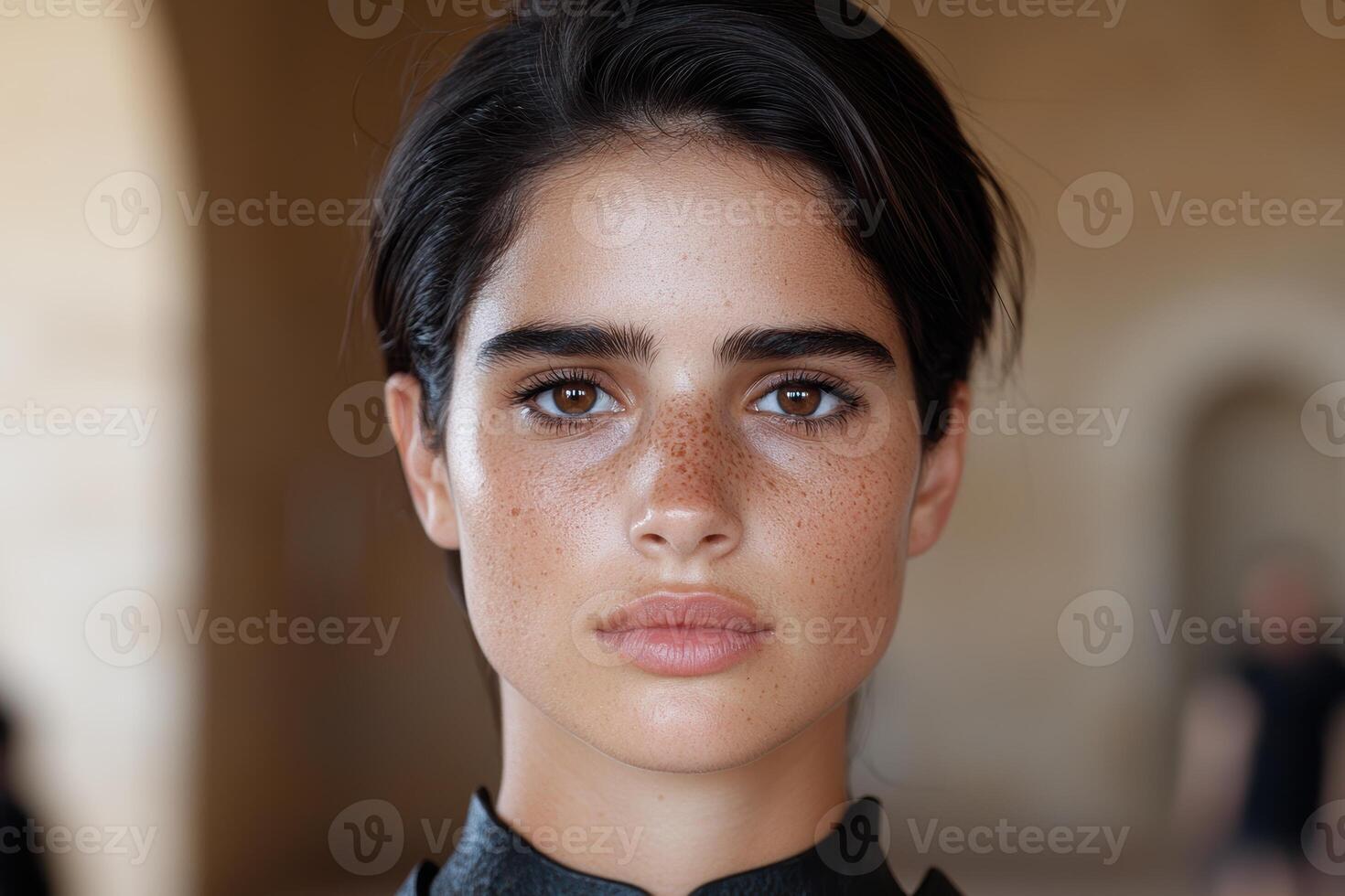 Close up portrait of a young woman with freckles and dark hair photo