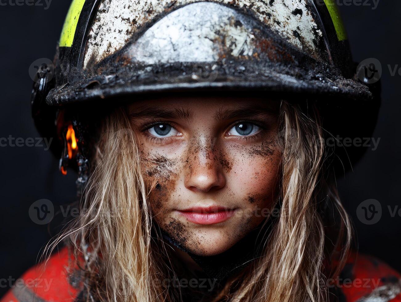 Brave little firefighter covered in soot and dirt after a fire photo
