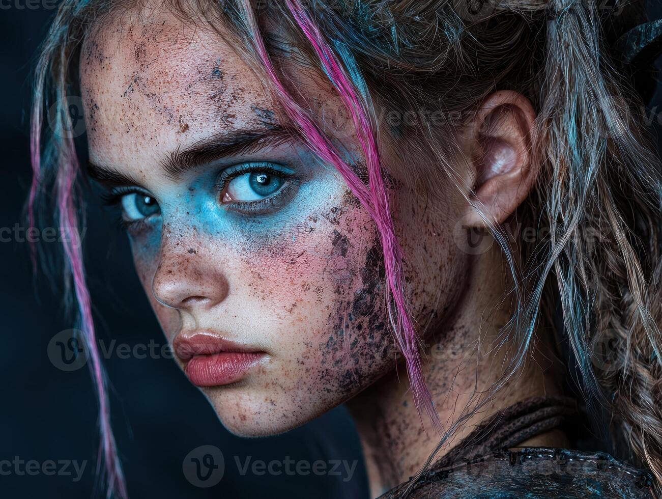 Close up portrait of a young woman with dirt and paint on her face photo
