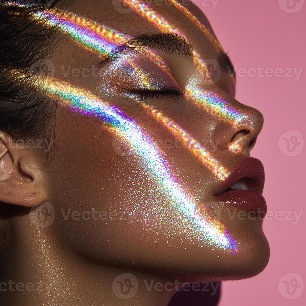 Closeup of a womans face with iridescent glitter makeup and rainbow light streaks photo