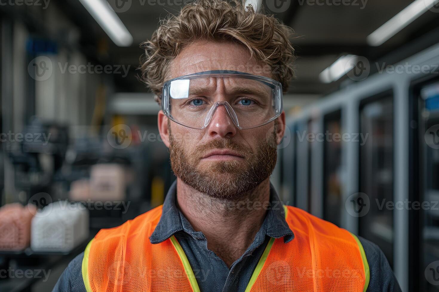 Portrait of a focused male factory worker wearing safety glasses and a high visibility vest photo