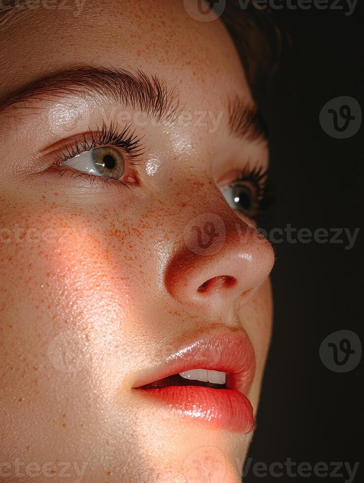 a woman with freckled skin and freckles looking up photo