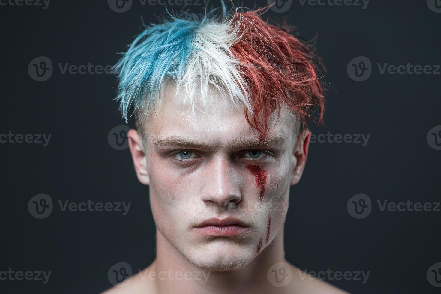 Close up portrait of a young man with blue, white, and red hair and face paint photo