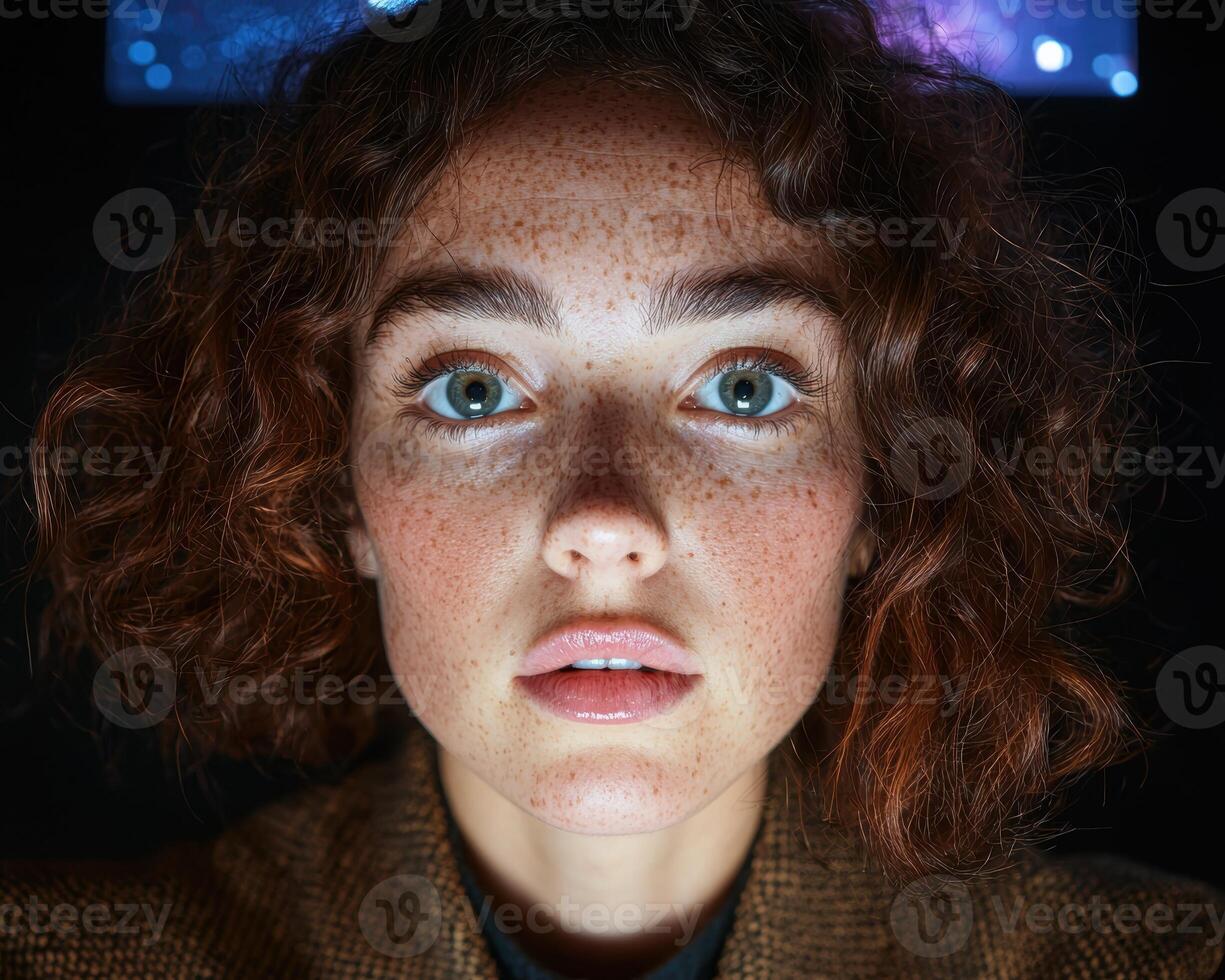 a woman with freckled hair looking at the camera photo