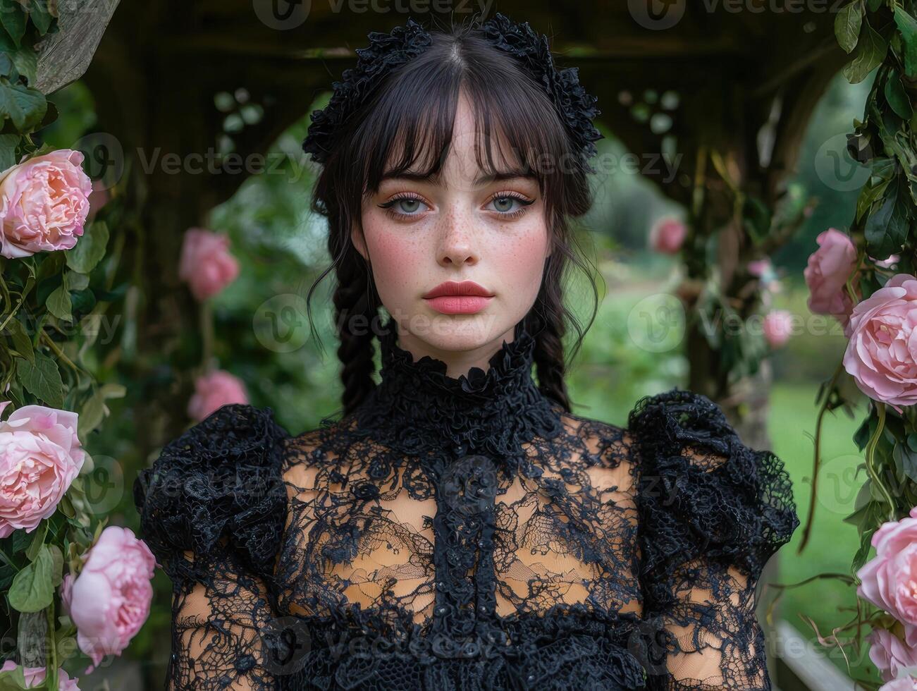 Gothic Lolita girl in black lace dress posing in a garden photo